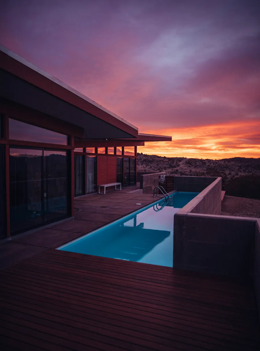 Villa pool terrace at sunset